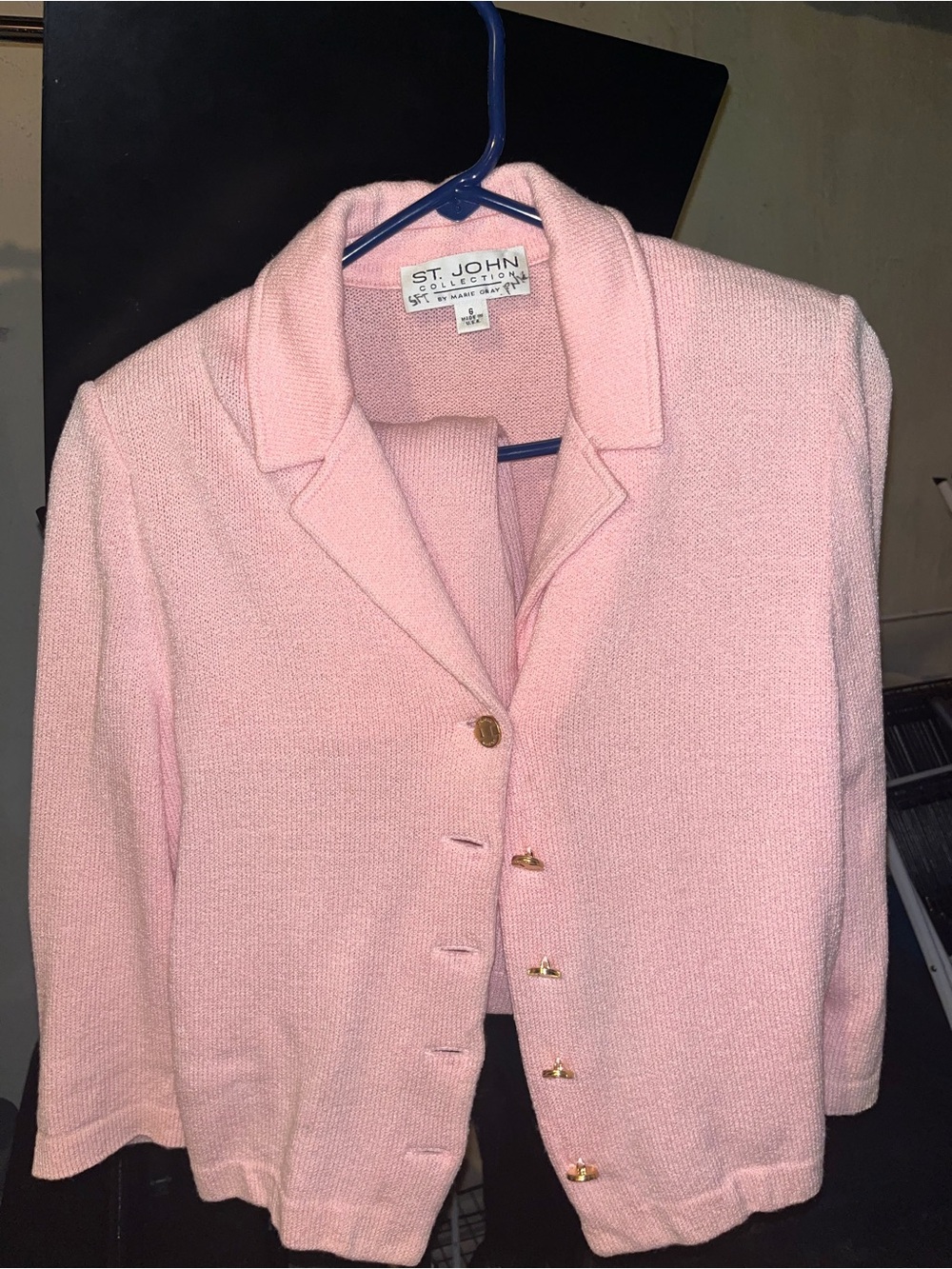 St. John Soft Pink Knit Skirt Suit with Gold Buttons
